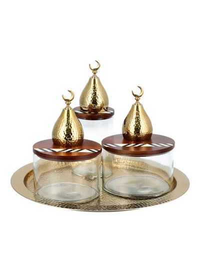 اشتري 3-Piece Glass Pot With Wooden Tray And Lid ذهبي/ شفاف/ بني 42x42x3سم في السعودية