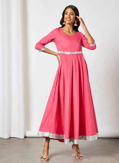Buy Metallic Trim Flared Maxi Dress Pink/Orange in Saudi Arabia