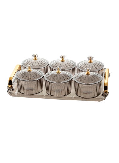 Buy 6-Piece Sugar Bowls Set With Tray Grey/Gold 30x22x2cm in Saudi Arabia