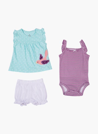 Buy Baby Girl 3-Piece Top Bottom And Romper Combo Set Blue/Lilac in UAE