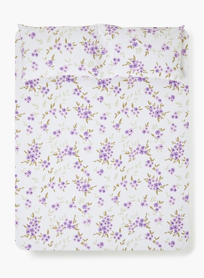 اشتري Fitted Bedsheet Set Queen Size High Quality 100% Cotton Percale 144 TC Light Weight Everyday Use 1 Bed Sheet And 2 Pillow Cases Printed White/Purple Cotton White/Purple في الامارات