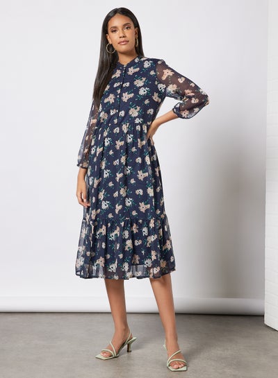 Buy Floral Print Tiered Dress Navy in Saudi Arabia