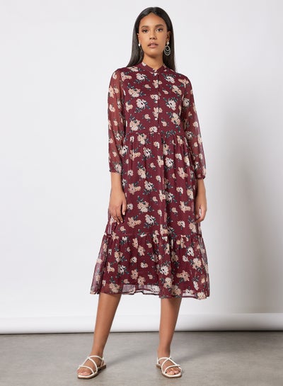 Buy Floral Print Tiered Dress Brown in UAE