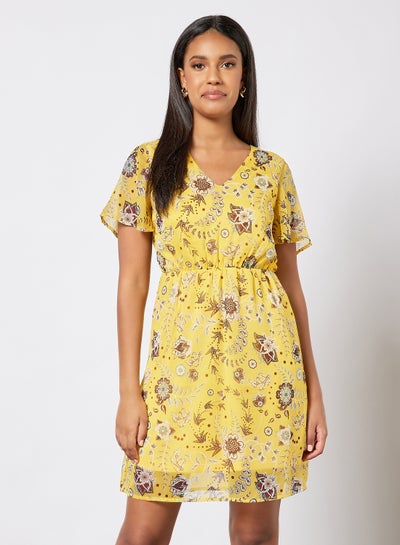 Buy Floral Print Mini Dress Yellow in Saudi Arabia