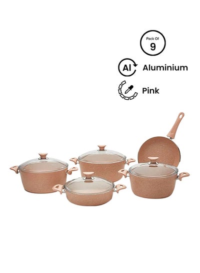 Buy 9-Piece  Granite Coated Cookware Set Pink in UAE