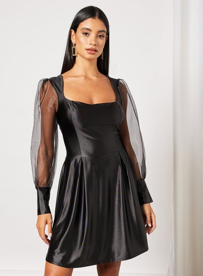 Buy Sheer Sleeve Mini Dress Black in Saudi Arabia