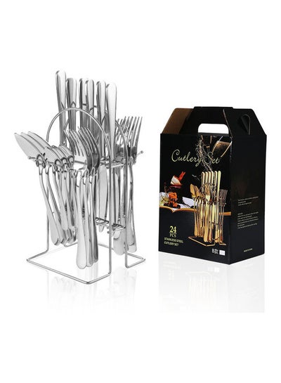 Buy 24-Piece Cutlery Set With Storage Holder Silver in Saudi Arabia