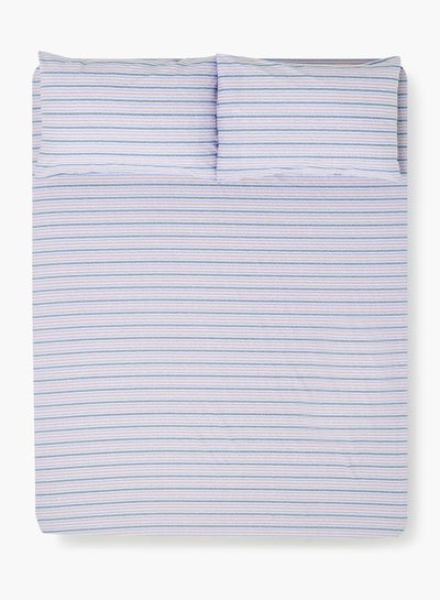 Buy Fitted Bedsheet Set King Size High Quality 100% Cotton Percale 144 TC Light Weight Everyday Use 1 Bed Sheet And 2 Pillow Cases Printed Blue/Brown Stripe Cotton Blue/Brown Stripe in UAE