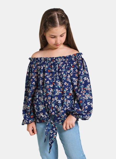 Buy Off Shoulder Long Sleeve Blouse Top Blue Floral in UAE