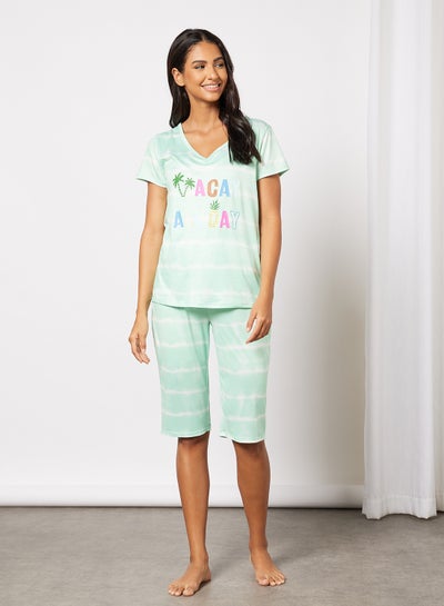 Buy Women's Pack Of 2 Print Top And Bottom Pyjama Set Green/White Stripe in UAE