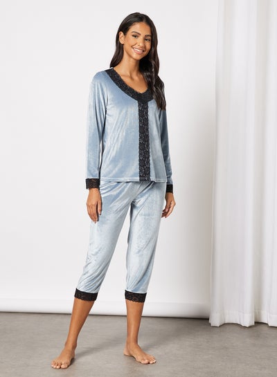 Buy Women's Pack Of 2 Velvet Top And Bottom Pyjama Set Grey in UAE