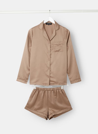 اشتري Satin Loungewear Top and Shorts Brown في الامارات