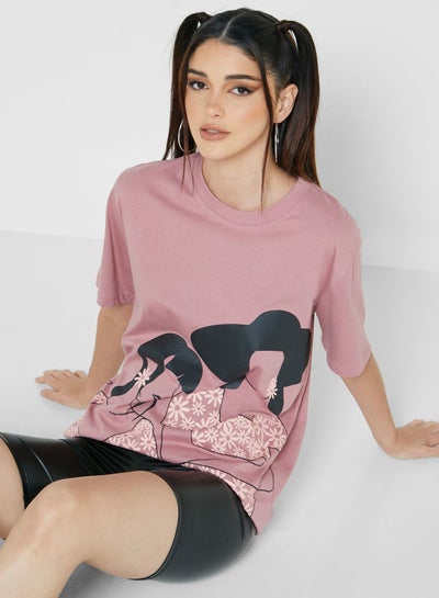 Buy Oversized Graphic Round Neck Cotton T-Shirt For Women Pink in UAE