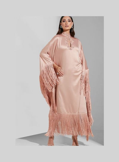 Buy Fringe Detail Sleeve Embellished Keyhole Neck Dress For Women Pink in Saudi Arabia