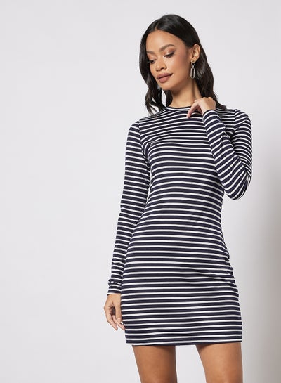 Buy Women's Casual Round Neck Long Sleeve Horizontal Stripe Fitted Mini Knit Dress Blue/White in Saudi Arabia