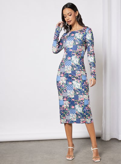 Buy Women's Round Neck Long Sleeve Midi Bodycon Knit Dress Multicolour in Saudi Arabia