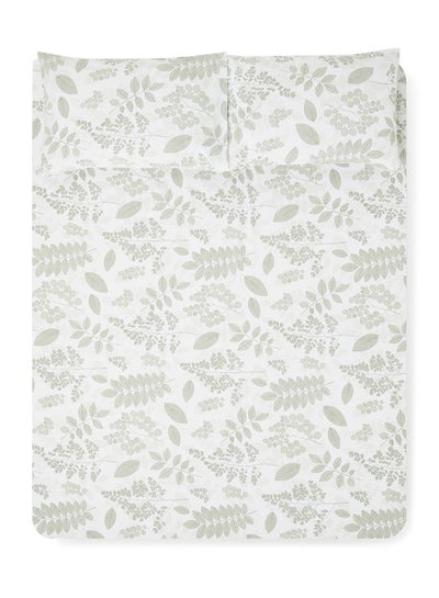 اشتري Fitted Bedsheet Set Super King  100% Cotton Percale Light Weight Everyday Use 180 TC High Quality 1 Bed Sheet And 2 Pillow Cases Printed Design White/Grey Color White/Grey في الامارات