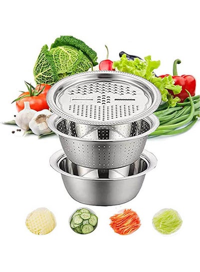 اشتري Basin With Grater 3 In 1 Vegetable Cutter Julienne Grater With Drain Basket Vegetable Fruits Washing Bowl Strainer Set Silver 30سم في مصر