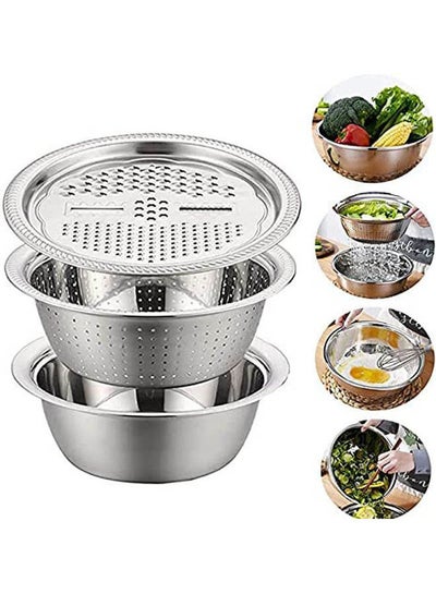 Buy Basin With Grater 3 In 1 Vegetable Cutter Julienne Grater With Drain Basket Vegetable Fruits Washing Bowl Strainer Set Silver 28cm in Egypt