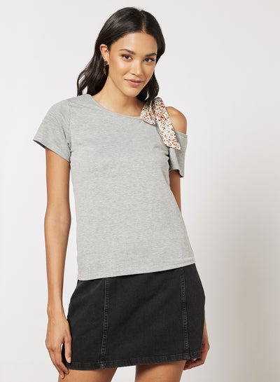 Buy Casual Slanted Shoulder Strap Short Sleeve Solid T-Shirt Light Grey in UAE