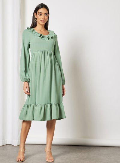 Buy Ruffled Collar Long Sleeve Casual Dress Green in Saudi Arabia