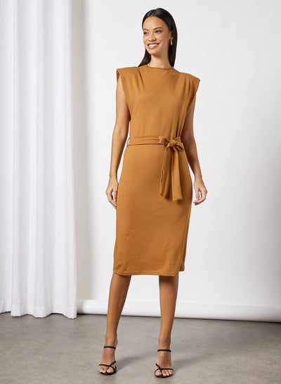 Buy Padded Shoulder Dress Brown in Saudi Arabia