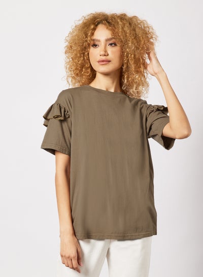 Buy Ruffle Sleeve Oversized T-Shirt Brown in UAE