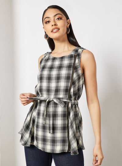 Buy Casual Stylish Sleeveless Gingham Checked Belt Blouse Black in UAE