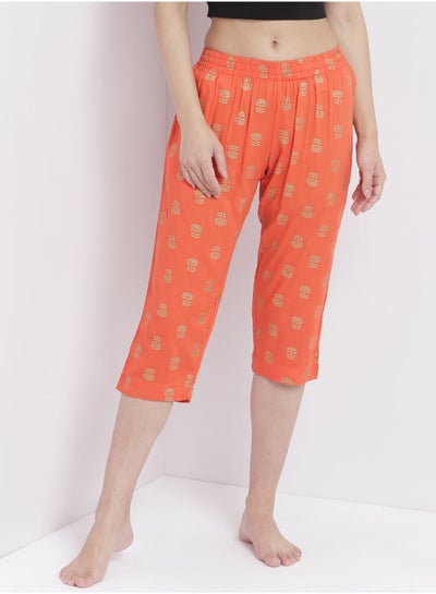 Buy Casual Comfortable Relaxed Fit Three Quarter Pyjama Pants With Matching Scrunchie Orange in Saudi Arabia