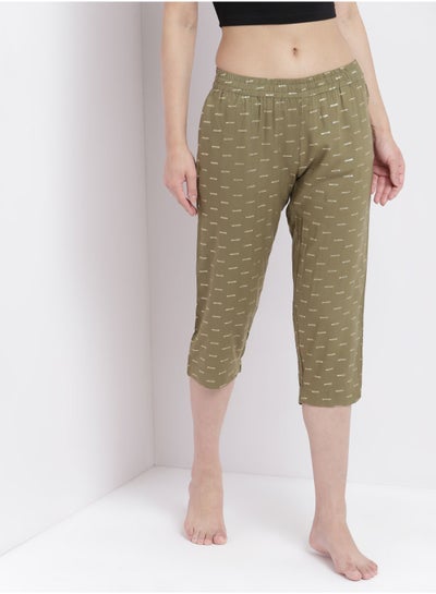 Buy Casual Comfortable Relaxed Fit Three Quarter Pyjama Pants With Matching Scrunchie Green in Saudi Arabia