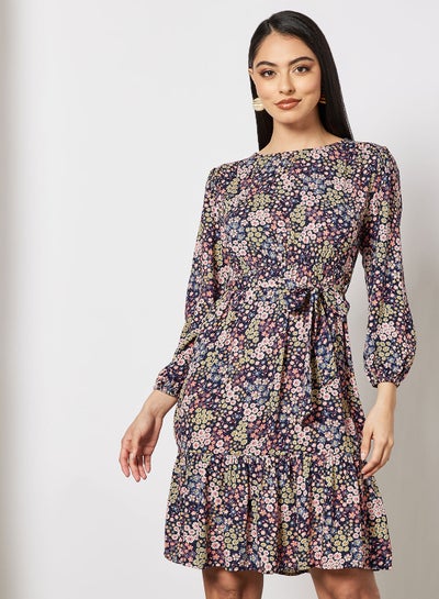 Buy Casual Stylish Long Sleeves Tiered Dress Printed With Round Neck And A Belt Black in Saudi Arabia