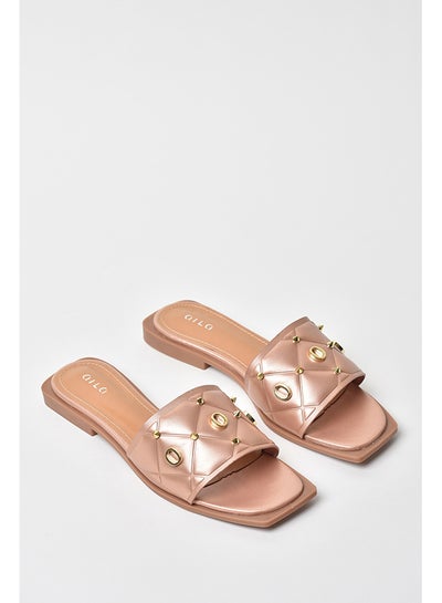 Buy Embellished Quilted Strap Flat Sandals Rose Gold in Saudi Arabia