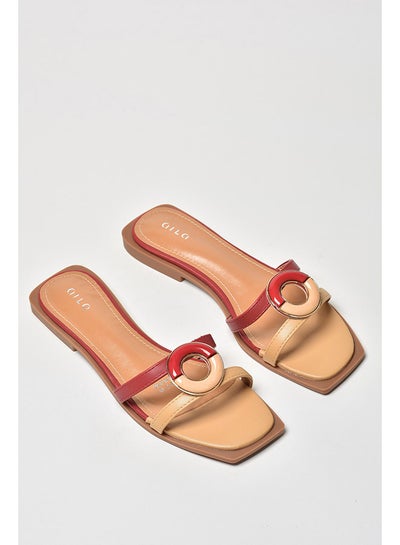 Buy Double Strap Detail Flat Sandals Maroon/Beige in UAE
