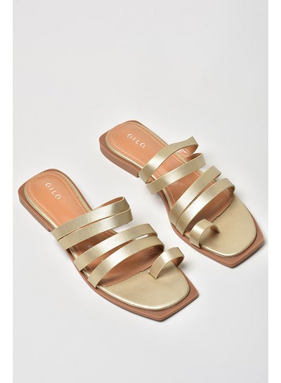 Buy Multi Strap Slip-On Flat Sandals Gold in Saudi Arabia