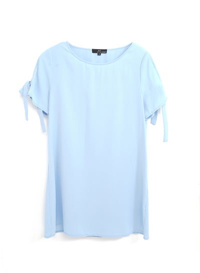 Buy Casual Polyester Blend Short Sleeve Mini Dress With Round Neck With Sleeve Tie Knot Blue in UAE