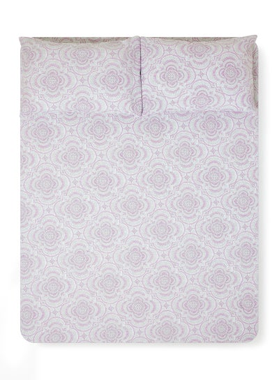 اشتري Fitted Bedsheet Set Queen Size  100% Cotton Percale Light Weight Everyday Use 180 TC High Quality 1 Bed Sheet And 2 Pillow Cases Printed Design Lavendar Color Lavendar في السعودية