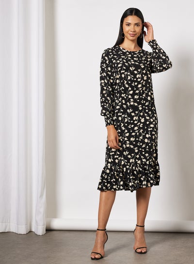 Buy Flounce Midi Dress Black/Yellow in Saudi Arabia