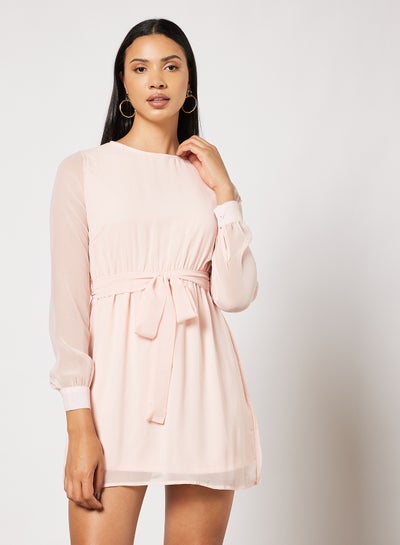 Buy Solid Colour Long Sleeve Mini Dress Beige in UAE