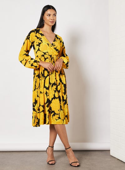 Buy Floral Wrap Dress Yellow Flower in UAE