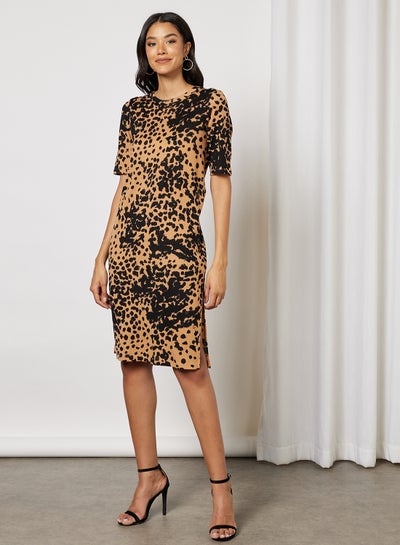 Buy All-Over Print T-Shirt Dress Brown in Saudi Arabia