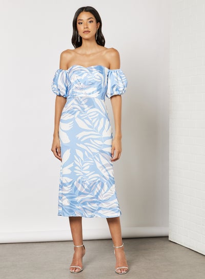 Buy Puff Sleeve Cold-Shoulder Dress Blue in UAE