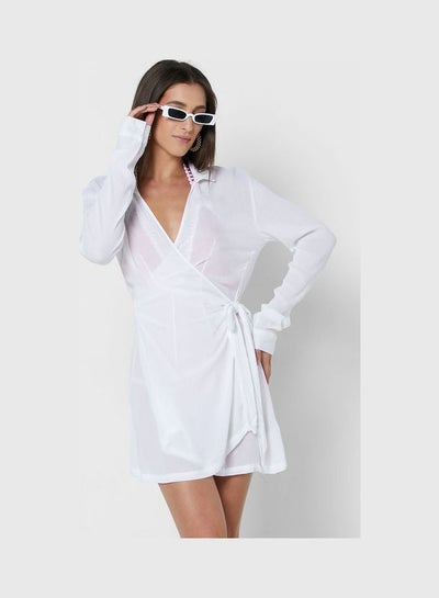 Buy Tie Detail Wrap Beach Dress White in UAE