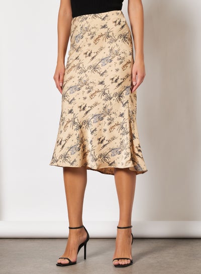 Buy Printed Polyester Skirt Beige/Grey in Saudi Arabia