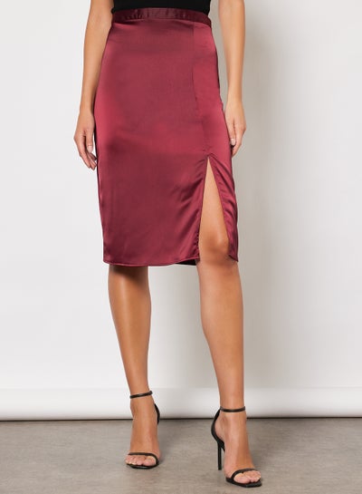 Buy Front Slit Satin Skirt Plum in Saudi Arabia