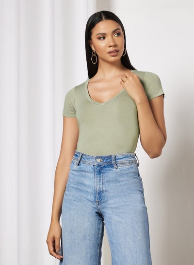 Buy V-Neck Short Sleeve Bodysuit Khaki in Saudi Arabia