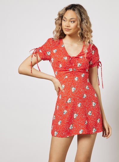 Buy Floral Print V Neck Mini Dress Red in Saudi Arabia