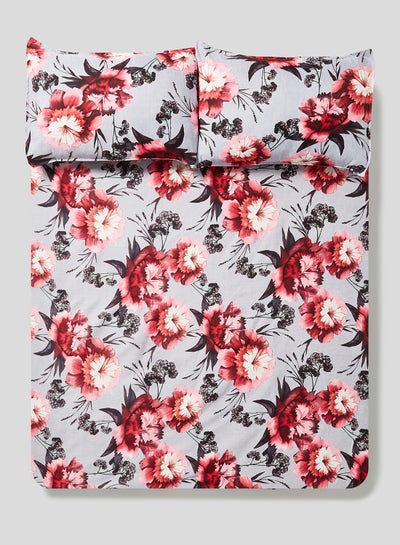 اشتري 100% Polyester Floral Queen Flat Bed Sheet 100 GSM 180x210 : 2xPillow Cases 50x70cm بوليستر رمادي Queen في الامارات