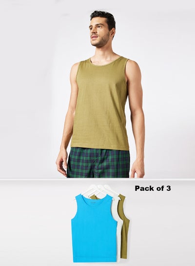 Buy 3 Pack Of Men’s Designer Modern Fit Solid Innerwear Vest Grey Melnage/Ibiza Blue/Olive in UAE