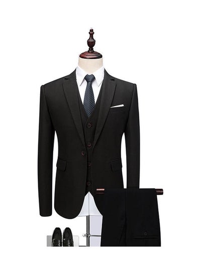 Buy Set Of 3 Pieces Men Lapel V-neck Suit And Vest And Pants Slim Solid Color Wedding Groom Formal Outfit Reven Black in Saudi Arabia