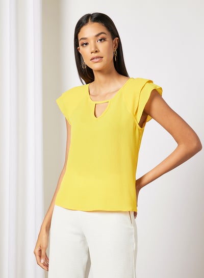 Buy Women's Solid Design V-neck Casual Cap Sleeve Top Yellow in UAE